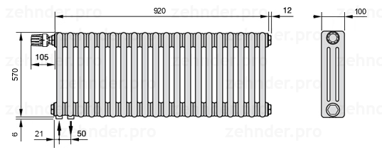 Схема (чертеж) Радиатор Zehnder Charleston 3057/20 №V001 Technoline TL